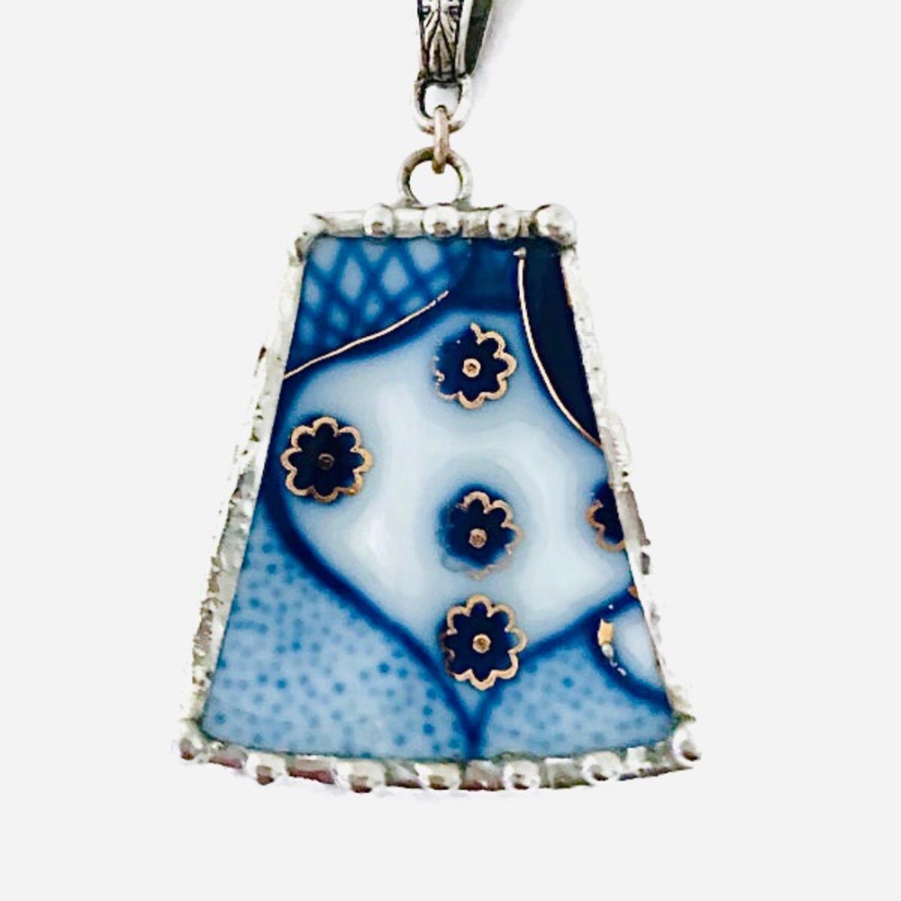 Blue Floral Pendant Silvertone Statement Necklace